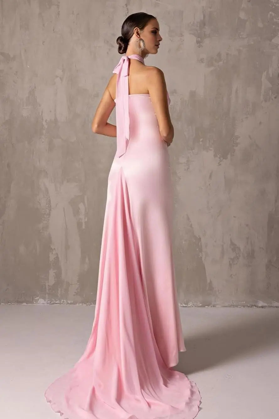 Robe Weitese élégante en satin rose blush, robe longue sans manches, robe de soirée avec robe de bal plissée